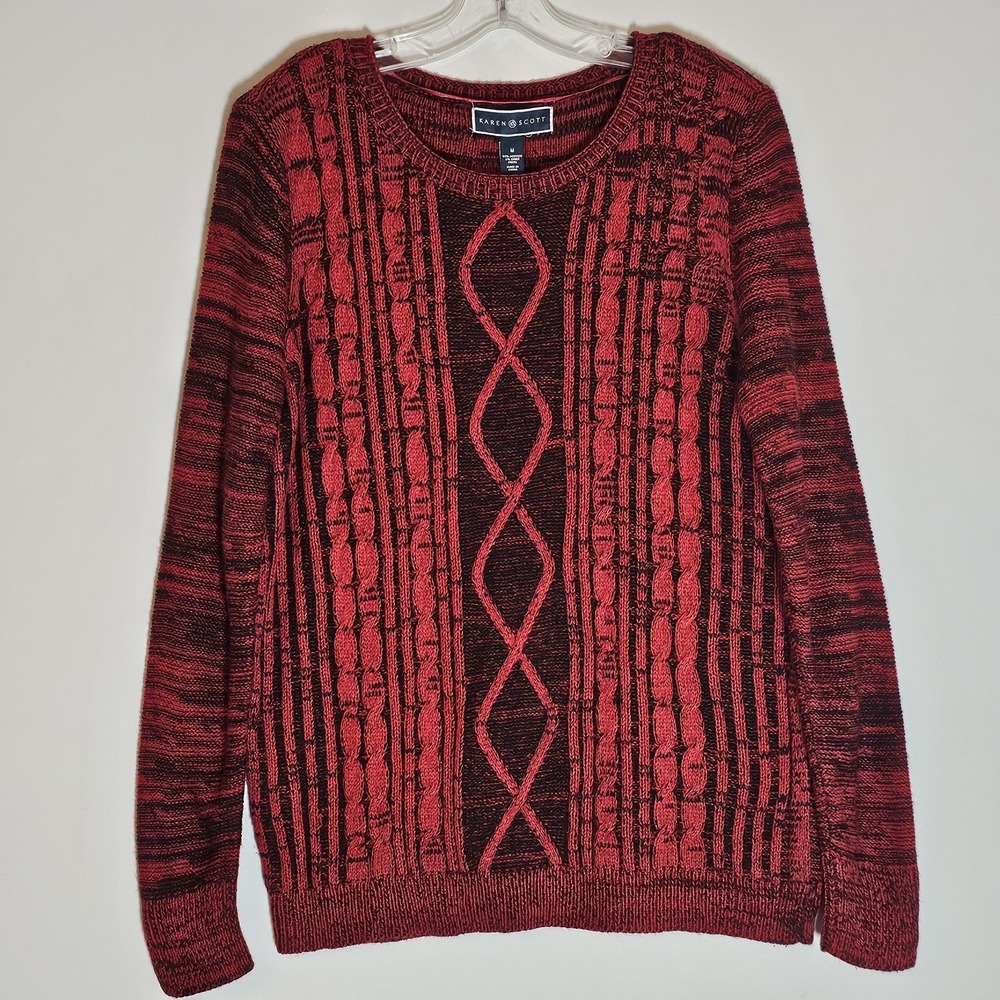 Karen Scott Sweater Womens Medium Red Cable Knit Pullover Crewneck Long Sleeve M